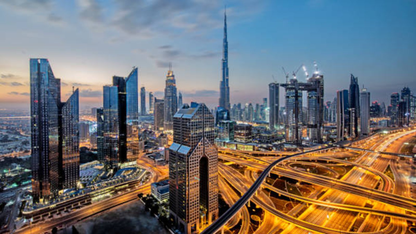 Dubai downtown at twilight with view over sheikh zayed road