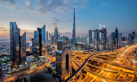 Dubai downtown at twilight with view over sheikh zayed road